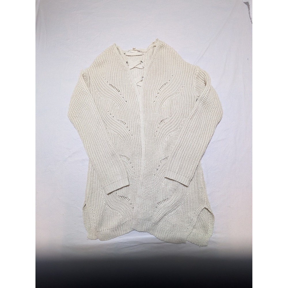 Pink Republic Cream Lace Up Back Open Front Pointelle Knit Cardigan Sweater XS